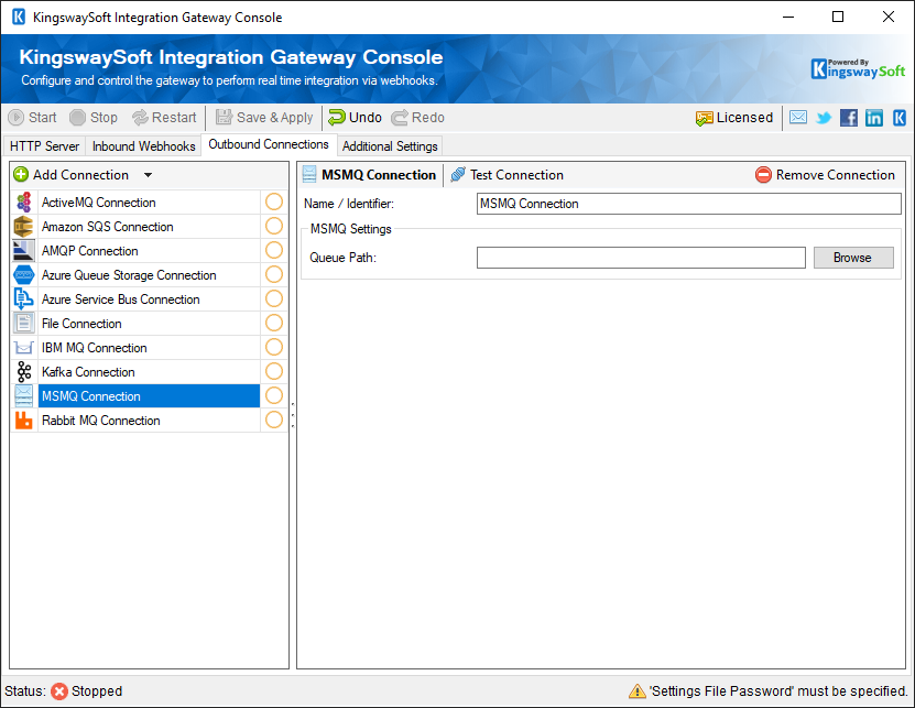 KingswaySoft Integration Gateway Console - Outbound Webhooks - IBM MSMQ Connection